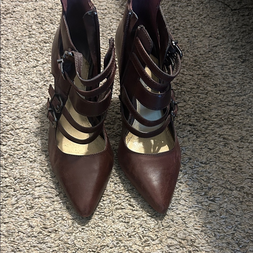 Gianni Bini Strappy Pointed-Toe Heels in Dark Brown